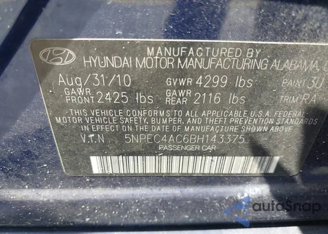 2011 Hyundai Sonata Se from USA, damaged, VIN 5NPEC4AC6BH143375